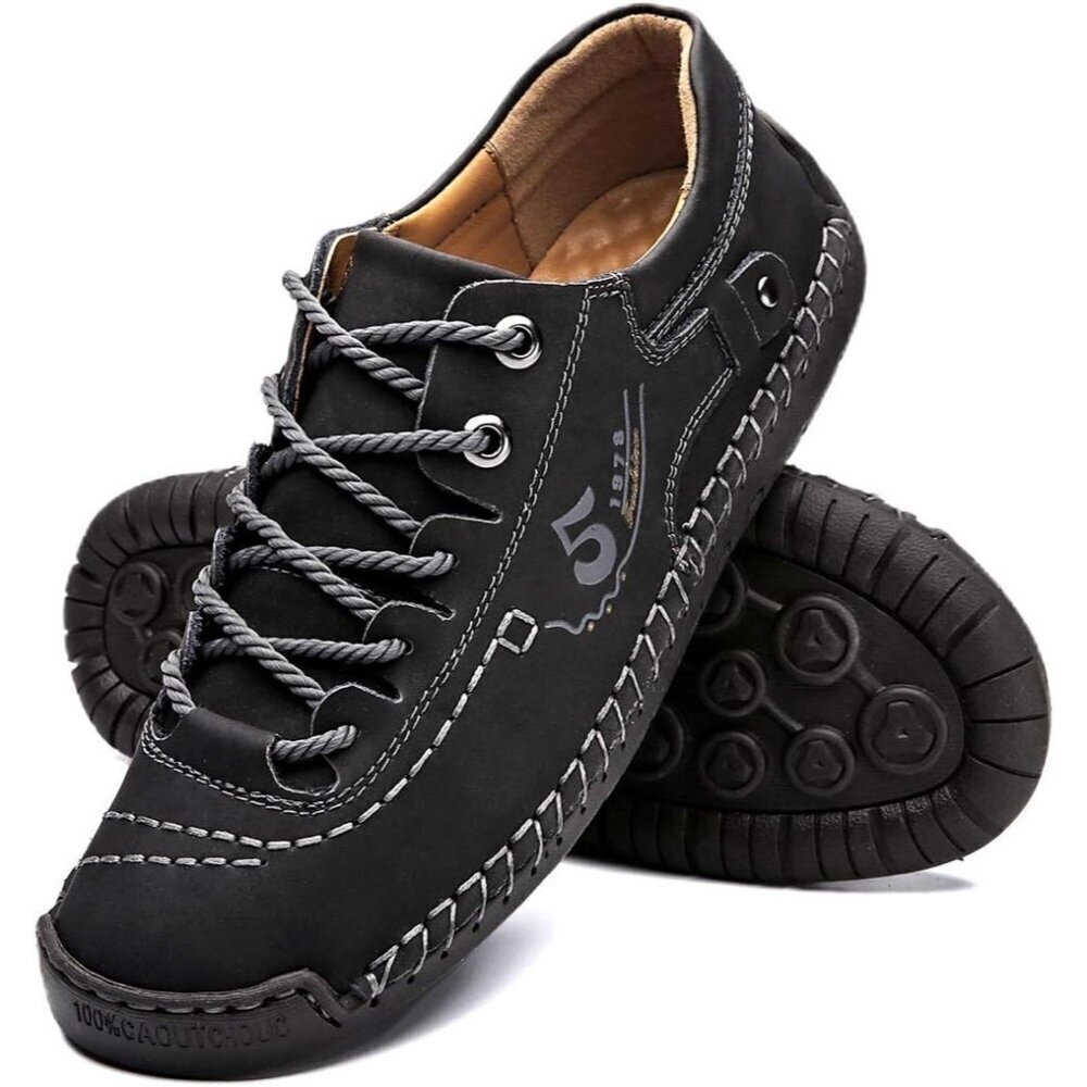 Alcubieree Men Black Leather Casual Fashion Loafer Driving Rubber Sole Sneakers